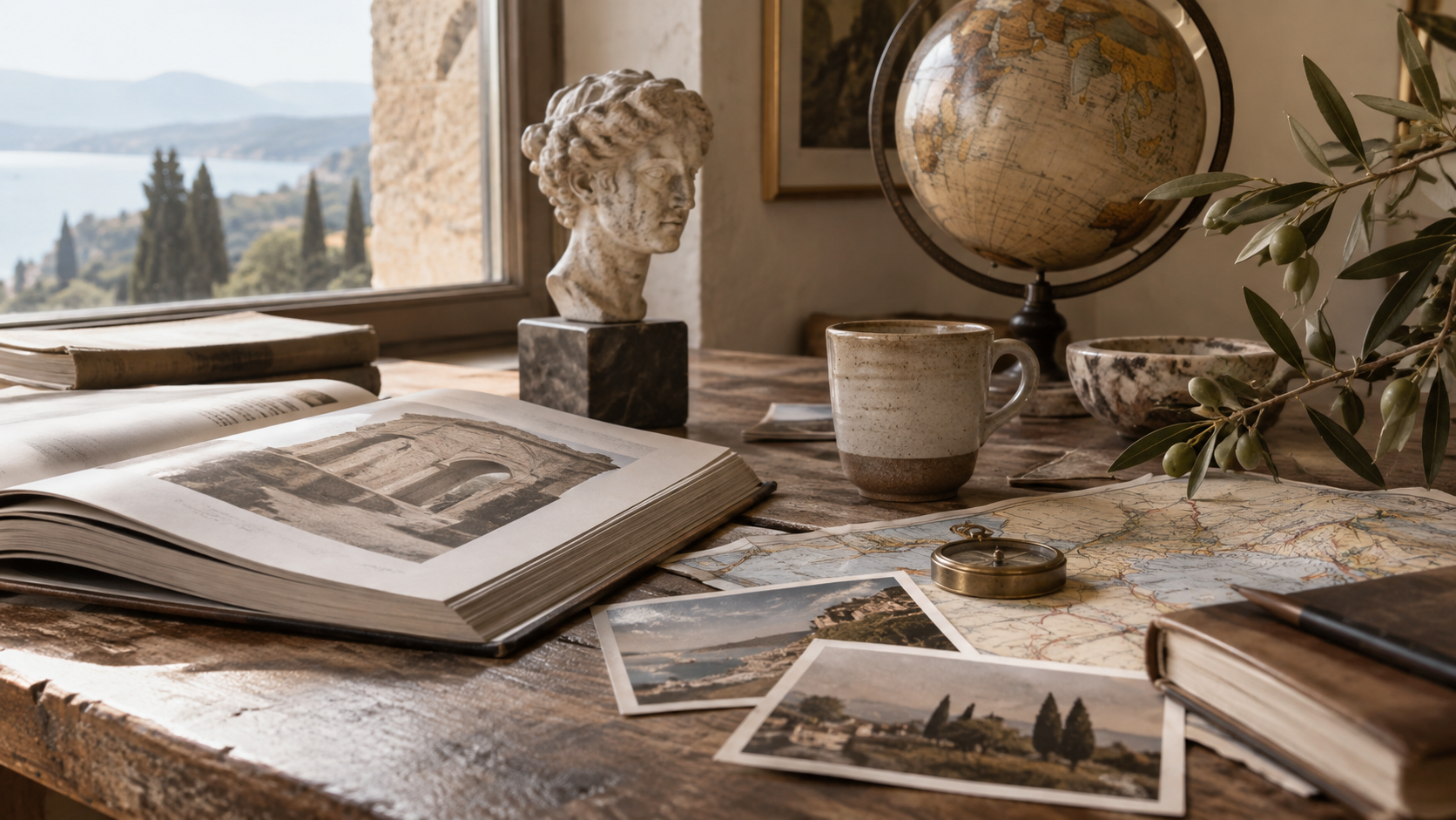 Globe, maps, books, and art beside a sunlit window
