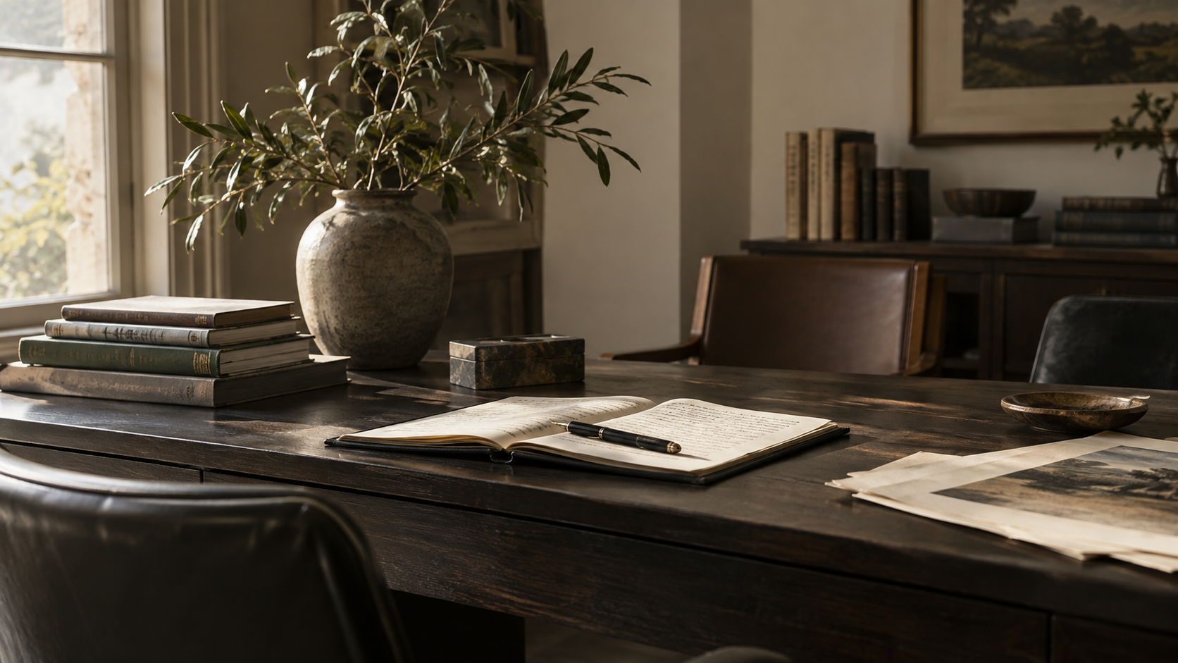 Quiet writing desk with an open notebook, books, and olive branches